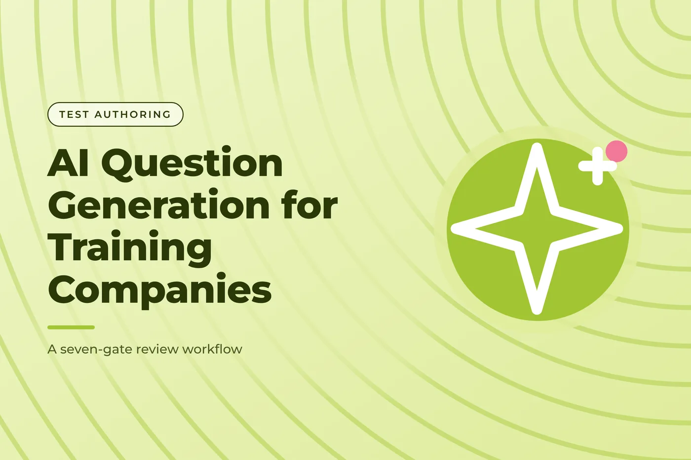 Lime green graphic with a concentric ring pattern and an AI sparkle icon, with the title text "AI Question Generation for Training Companies"