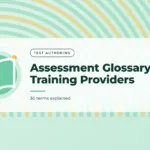 Mint green graphic with a stacked arches pattern and a open book icon, with the title text "Assessment Glossary for Training Providers".