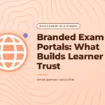 Peach graphic with a contour lines pattern and a globe icon, with the title text "Branded Exam Portals: What Builds Learner Trust".