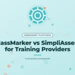 Aqua graphic with a confetti pattern and a gear icon, with the title text "ClassMarker vs SimpliAssess for Training Providers"