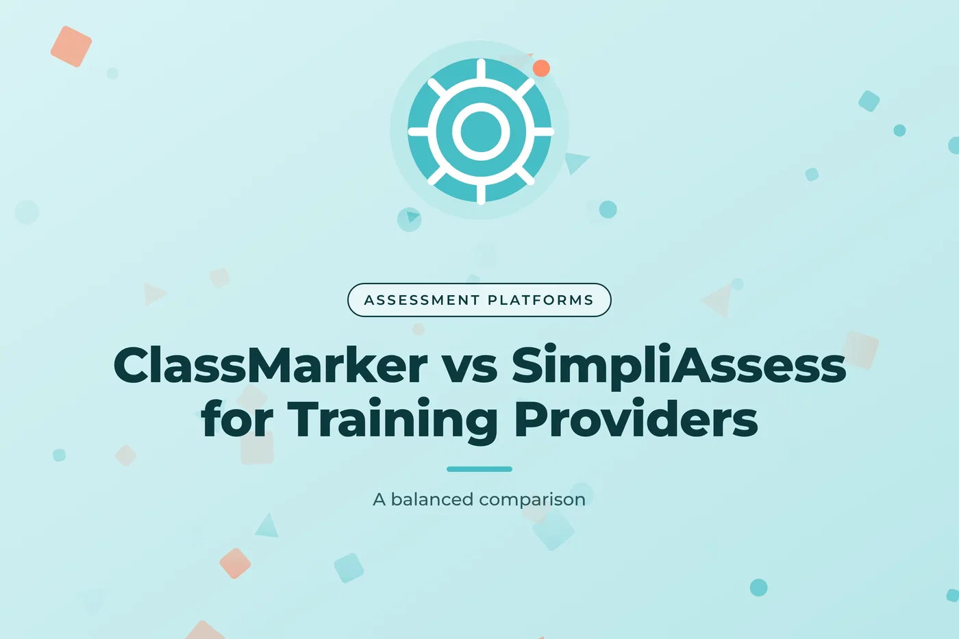 Aqua graphic with a confetti pattern and a gear icon, with the title text "ClassMarker vs SimpliAssess for Training Providers"