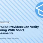 Sky blue graphic with a diagonal stripes pattern and a graduation cap icon, with the title text "How CPD Providers Can Verify Learning With Short Assessments".