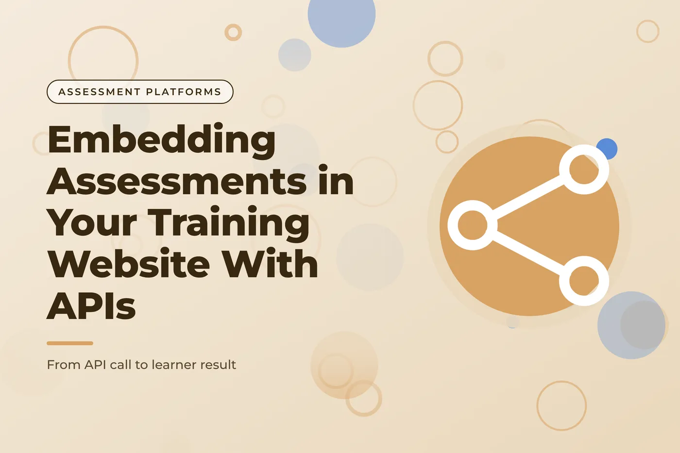 Warm sand graphic with a scattered bubbles pattern and a connected nodes icon, with the title text "Embedding Assessments in Your Training Website With APIs".
