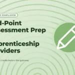 Sage green graphic with a concentric rings pattern and a pencil icon, with the title text "End-Point Assessment Prep for Apprenticeship Providers".
