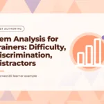 Peach graphic with a triangle pattern and a bar chart icon, with the title text "Item Analysis for Trainers: Difficulty, Discrimination, Distractors"