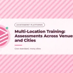 Rose pink graphic with a diagonal stripes pattern and a stacked layers icon, with the title text "Multi-Location Training: Assessments Across Venues and Cities".