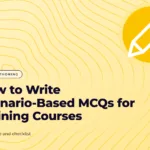 Butter yellow graphic with a contour line pattern and a pencil icon, with the title text "How to Write Scenario-Based MCQs for Training Courses"