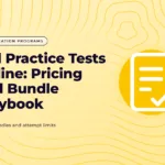 Soft yellow graphic with a contour line pattern and a test sheet icon, with the title text "Sell Practice Tests Online: Pricing and Bundle Playbook"