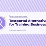 Lavender graphic with a diagonal stripe pattern and a magnifying glass icon, with the title text "Testportal Alternatives for Training Businesses"
