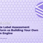 Lavender graphic with a hexagon grid pattern and a stacked layers icon, with the title text "White Label Assessment Platform vs Building Your Own Exam Engine"